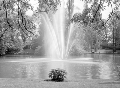 502650 Gezicht op de fontein in de vijver van het Julianapark te Utrecht.